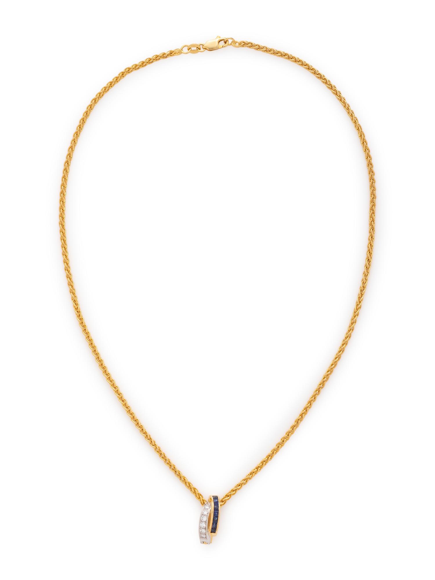 YELLOW GOLD, DIAMOND AND SAPPHIRE PENDANT/NECKLACE