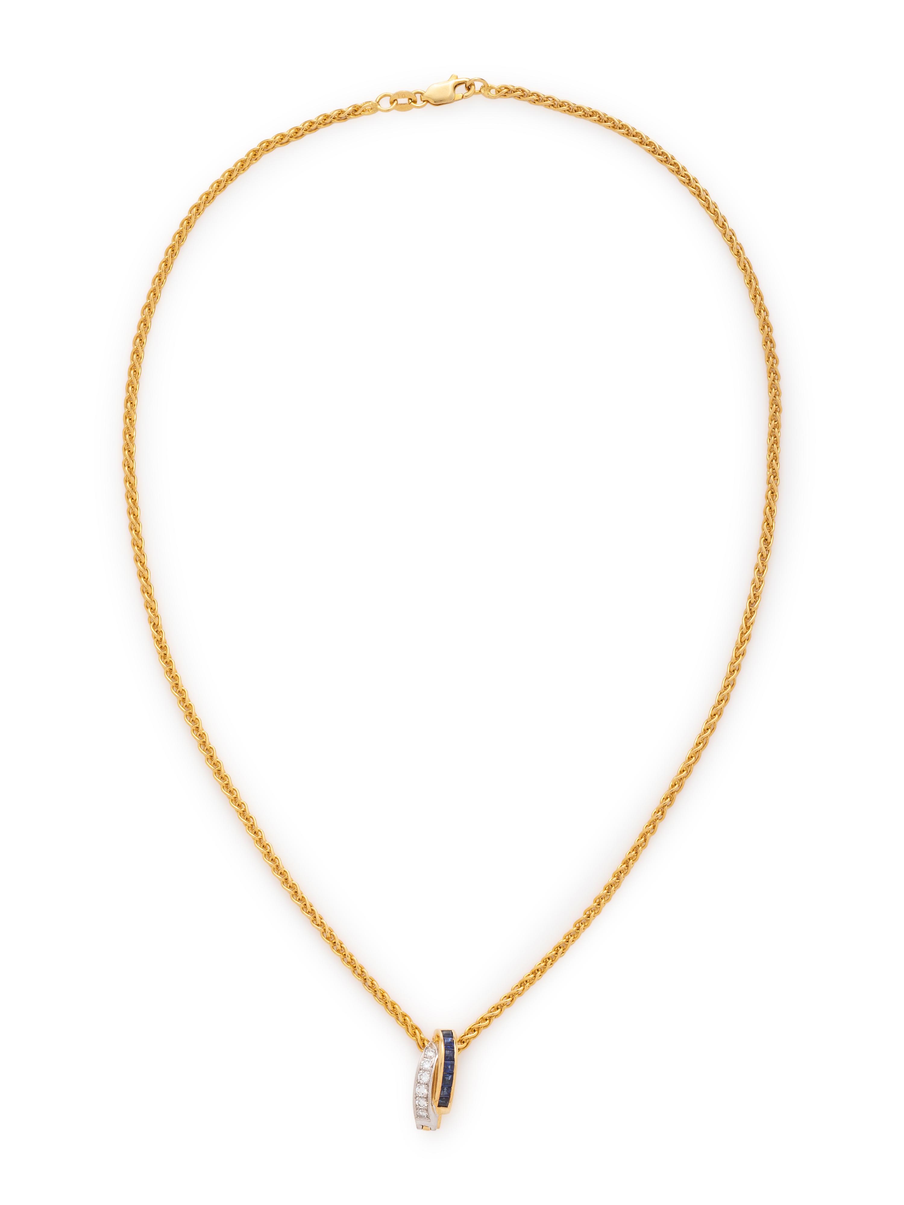 YELLOW GOLD, DIAMOND AND SAPPHIRE PENDANT/NECKLACE
