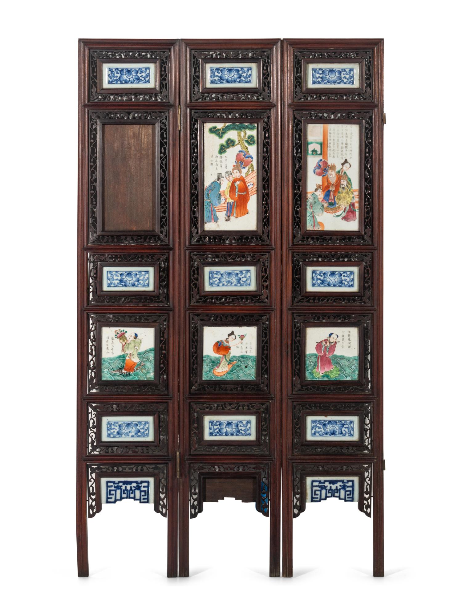 A Chinese Porcelain Inset Hardwood Eight-Panel Screen