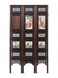 A Chinese Porcelain Inset Hardwood Eight-Panel Screen
