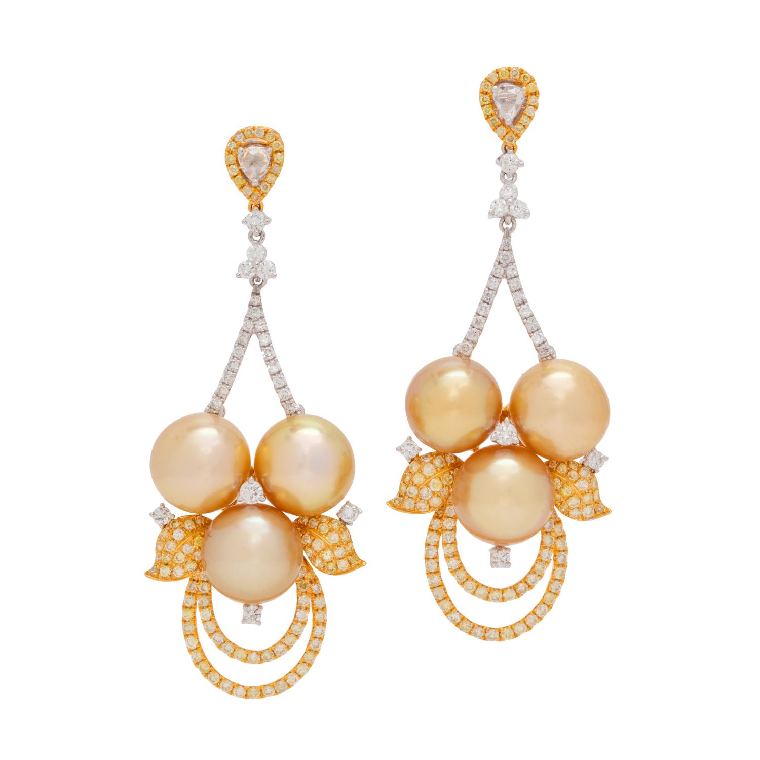 CULTURED GOLDEN SOUTH SEA PEARL AND DIAMOND EARRINGS