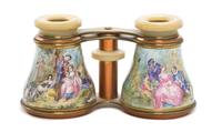 A Pair of French Enameled Opera Glasses, Width 4 1/2 inches.