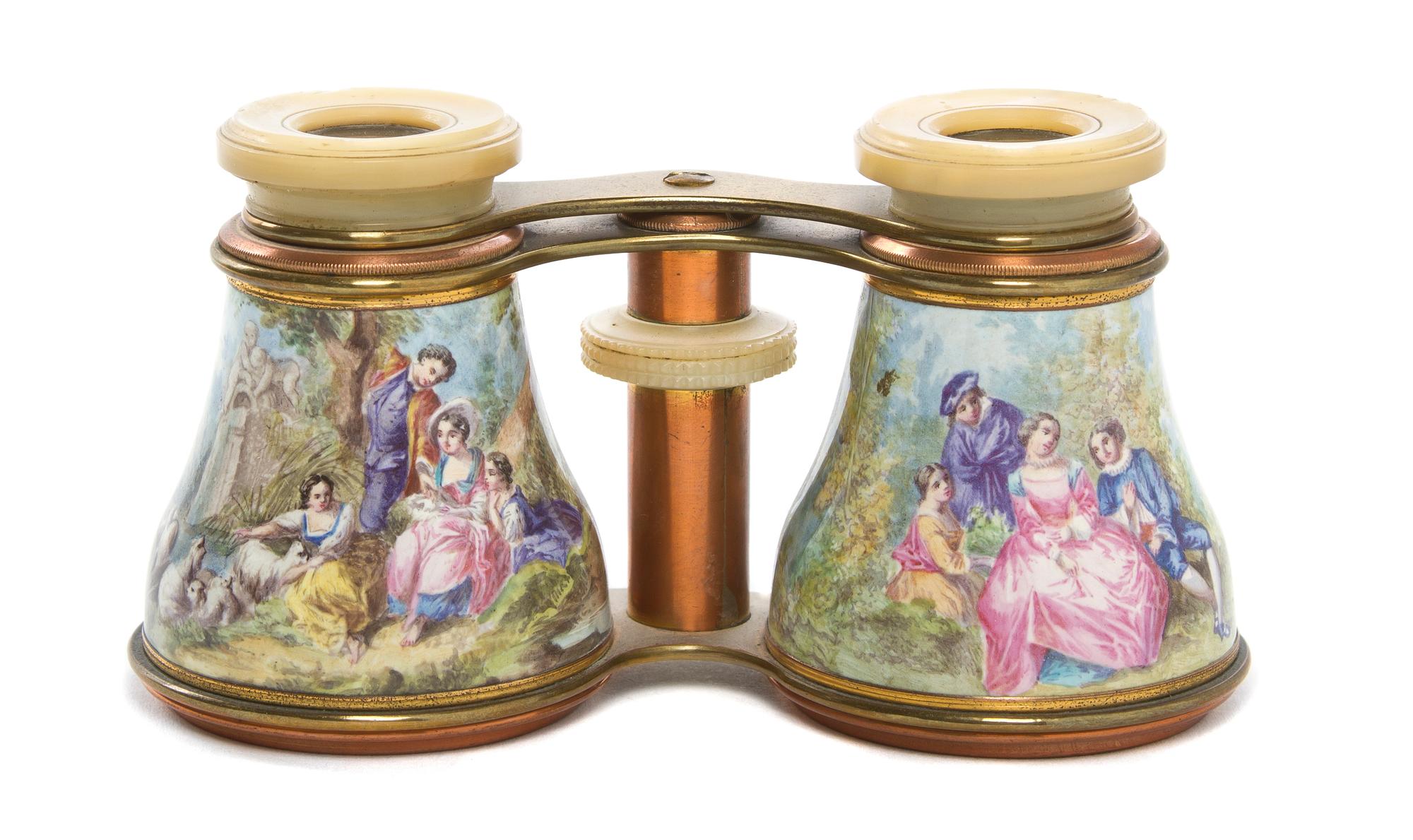 A Pair of French Enameled Opera Glasses, Width 4 1/2 inches.