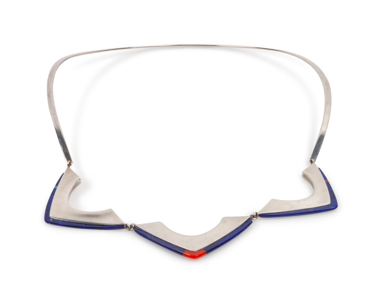 Sterling Silver Necklace and Earrings Set, with Coral and Lapis Inlay