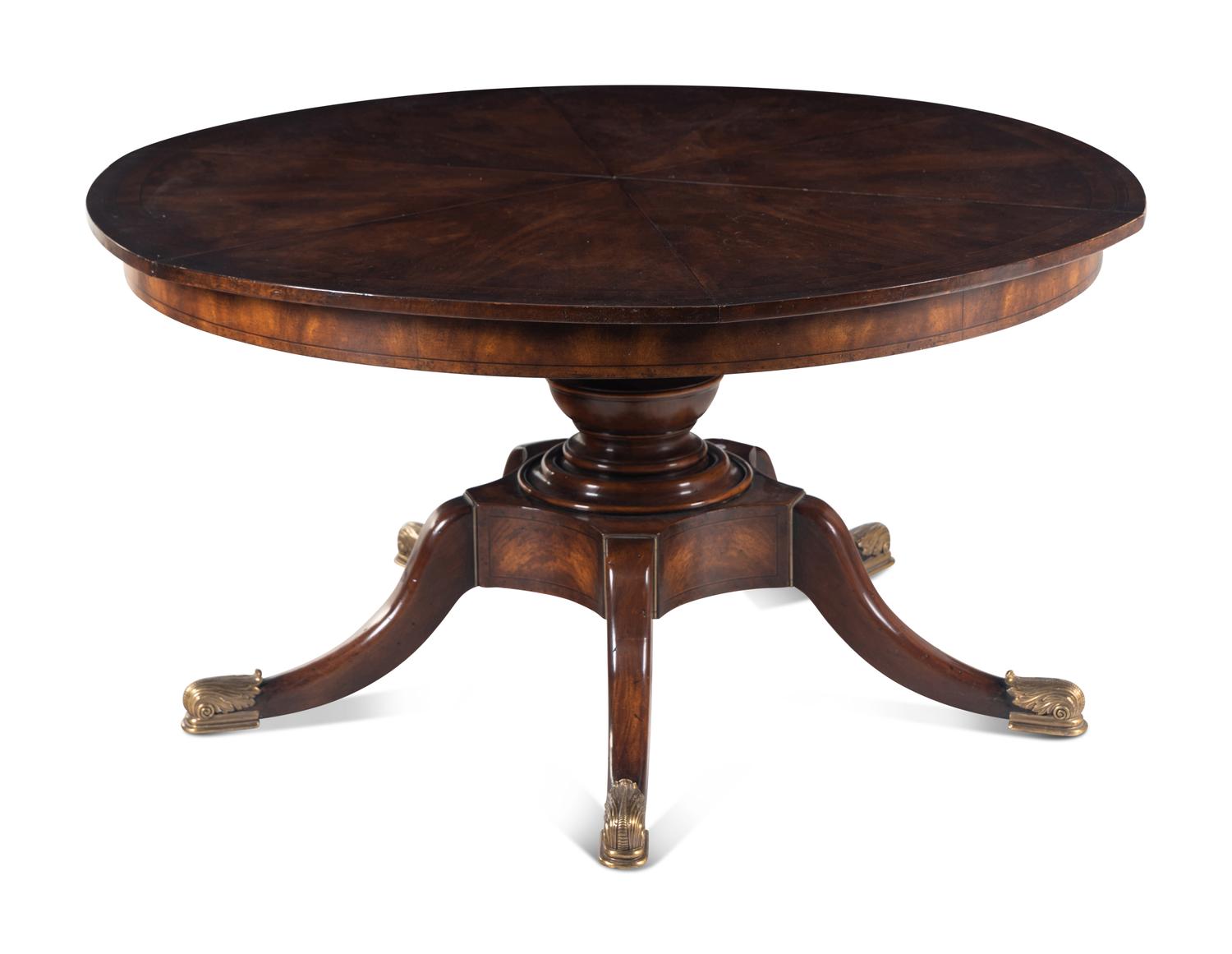 A Regency Style Rosewood and Burlwood Cross-Banded Mahogany Jupe Dining Table