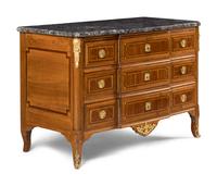 A Louis XV/XVI Transitional Gilt Bronze Mounted Walnut Marble-Top Commode