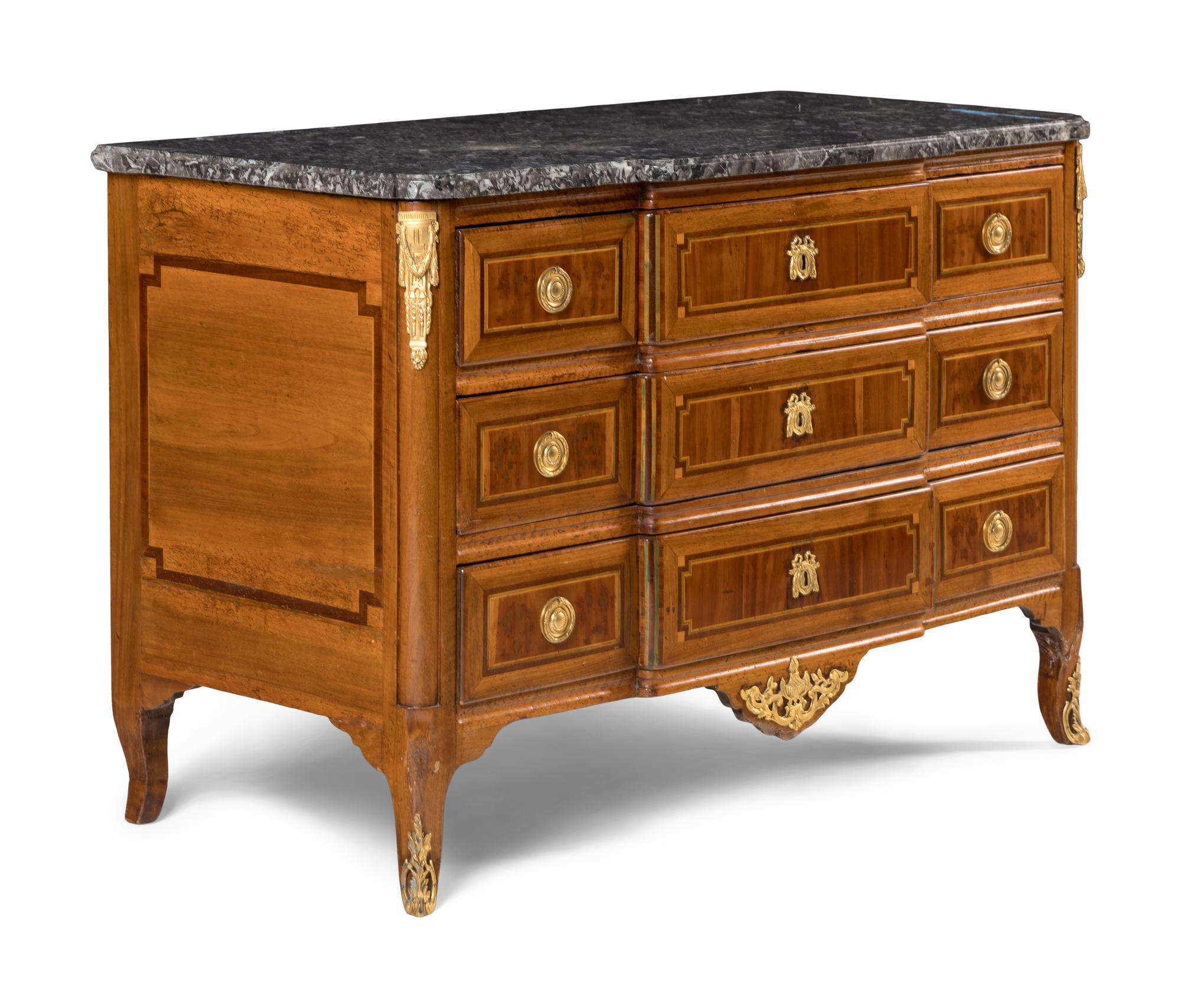 A Louis XV/XVI Transitional Gilt Bronze Mounted Walnut Marble-Top Commode