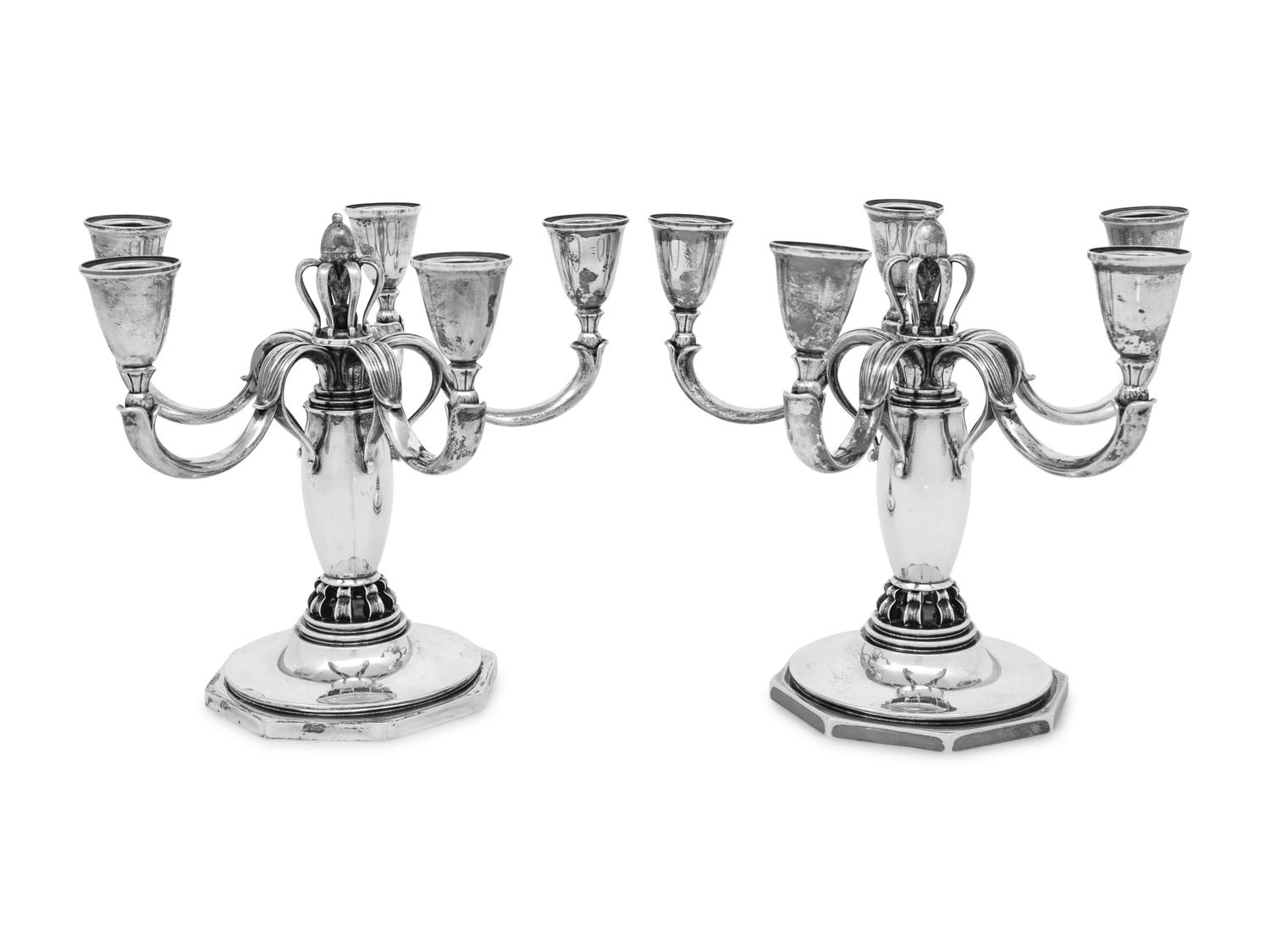 A Pair of Danish Silver Five-Light Candelabra