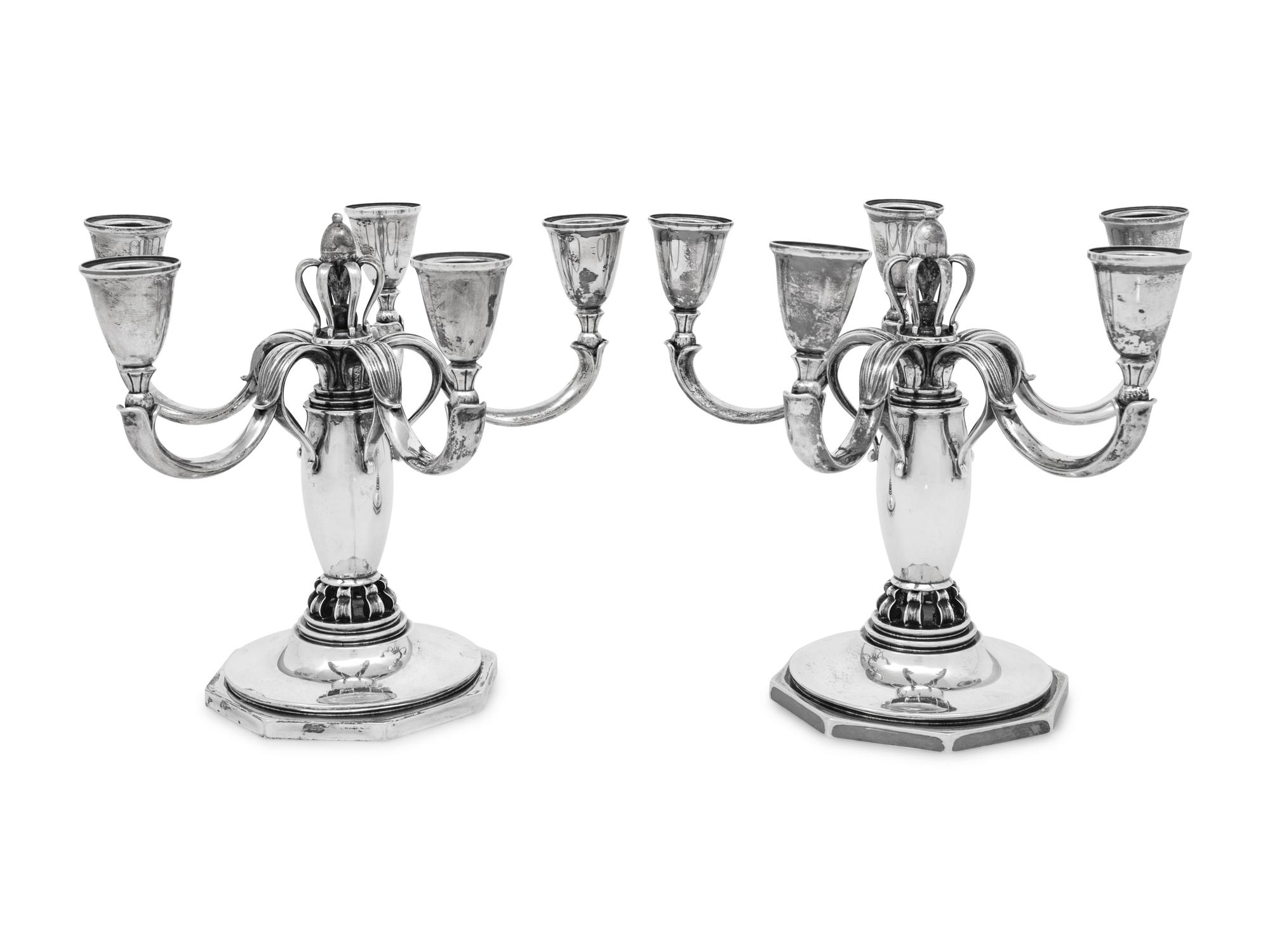 A Pair of Danish Silver Five-Light Candelabra