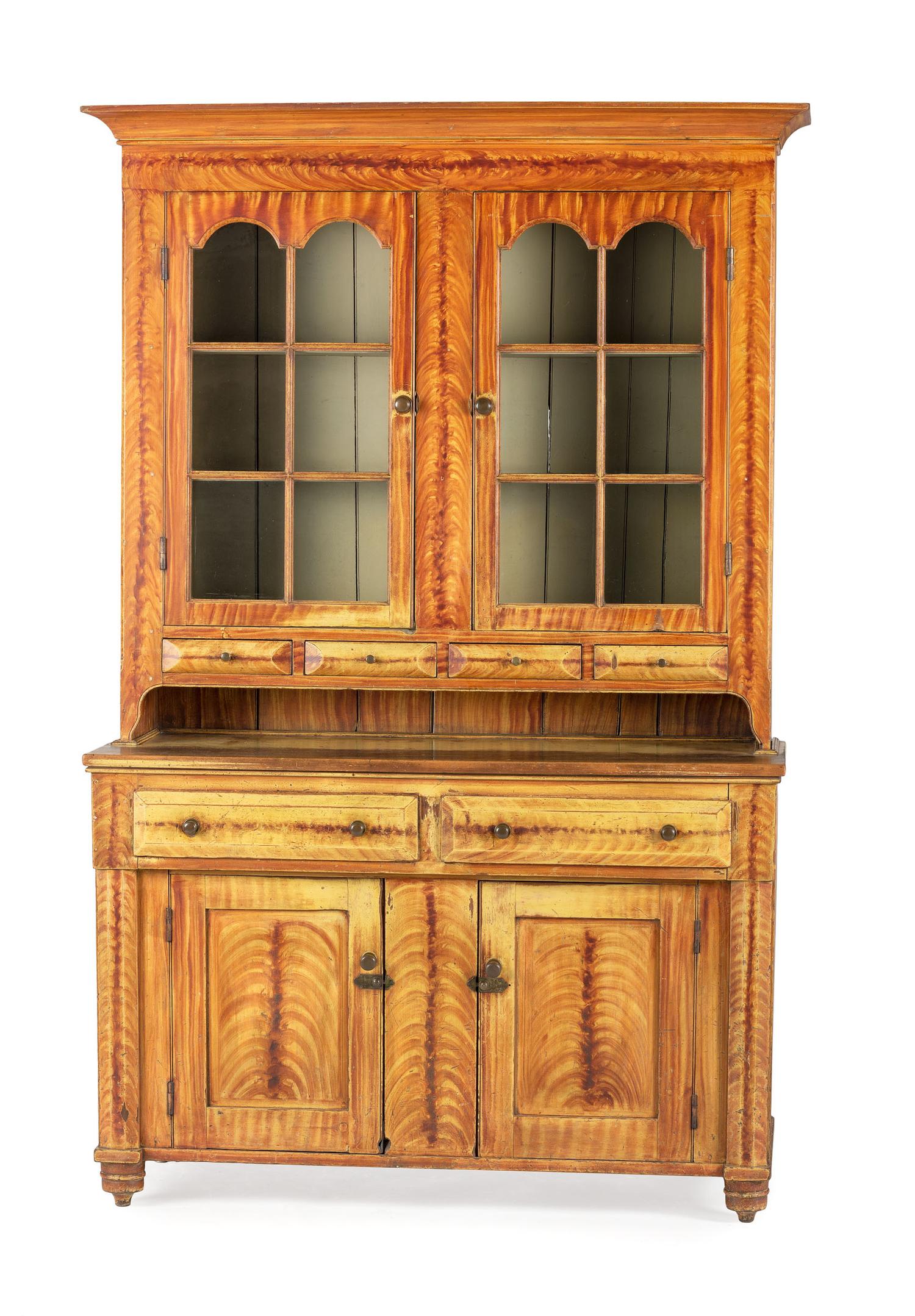 A Federal Grain Paint Decorated Pine and Poplar Step-Back Cupboard