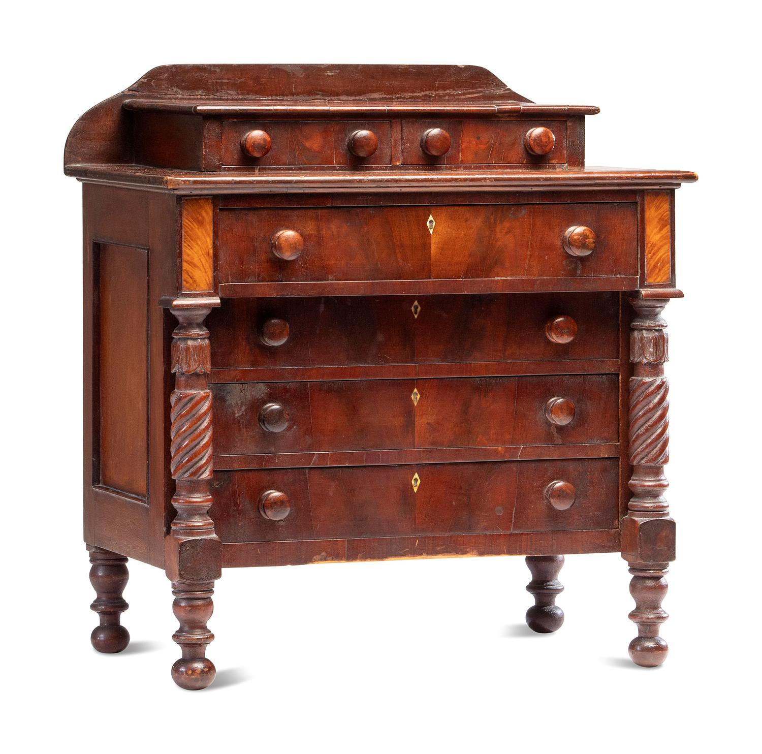 A Classical Diminutive Walnut and Birch Veneered Chest of Drawers, 19th Century