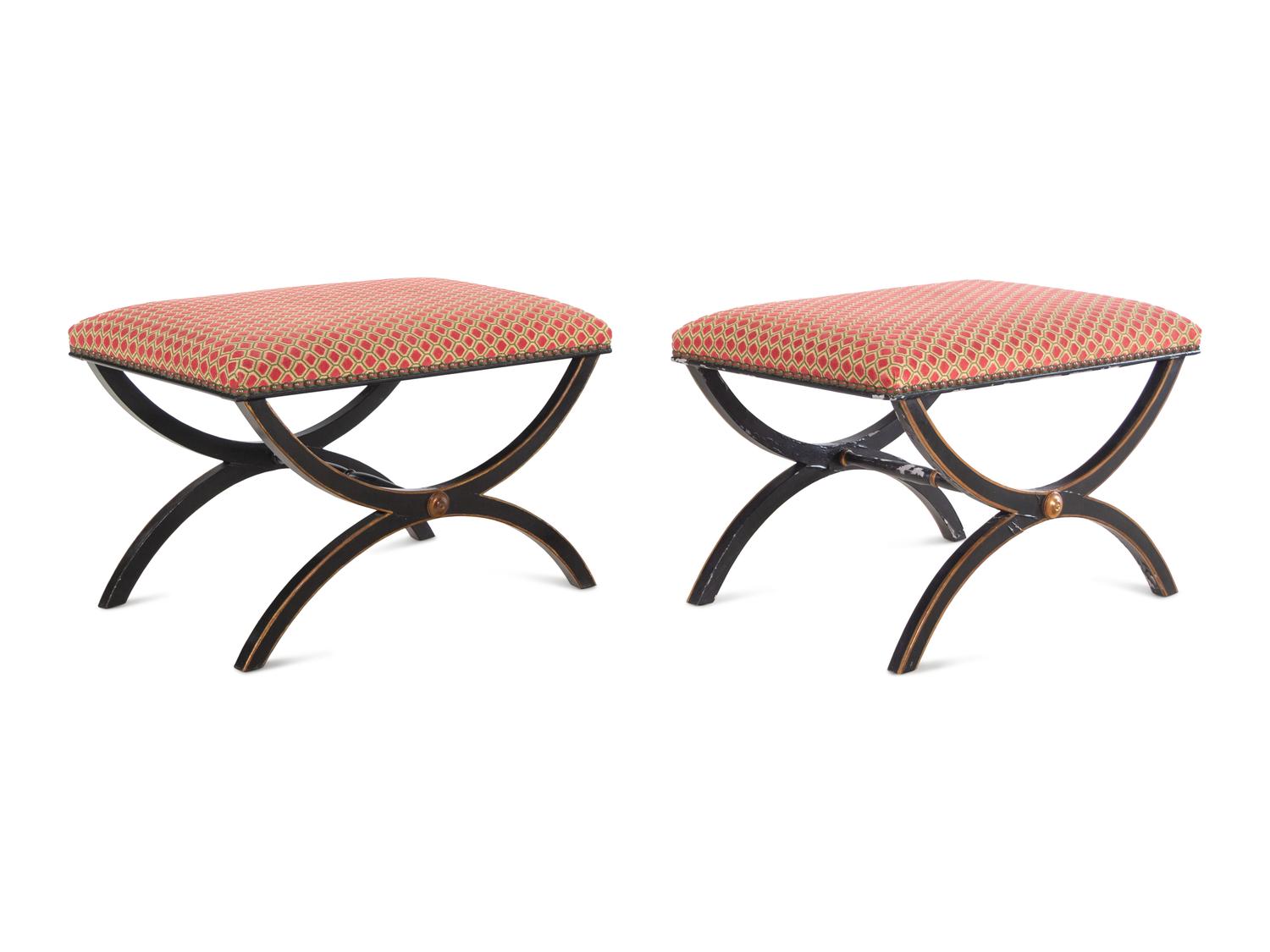 A Pair of Black Painted and Parcel Gilt Curule Benches