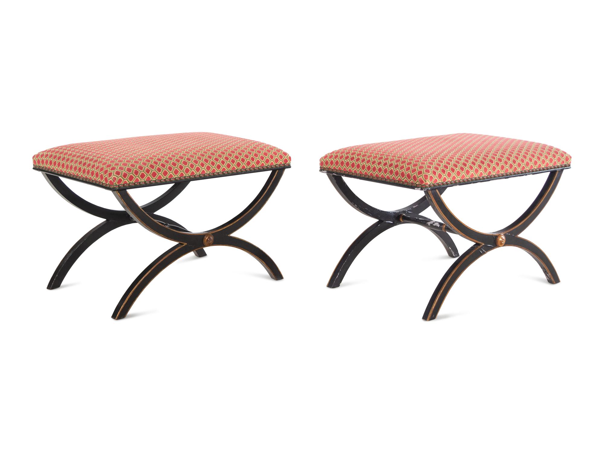 A Pair of Black Painted and Parcel Gilt Curule Benches
