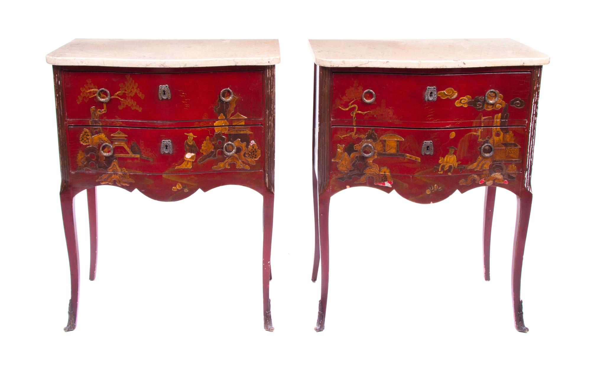 A Pair of Louis XV Style Lacquered Diminutive Commodes Height 29 x width 22 1/2 x depth 13 inches. — LATE 19TH/EARLY 20TH CENTURY