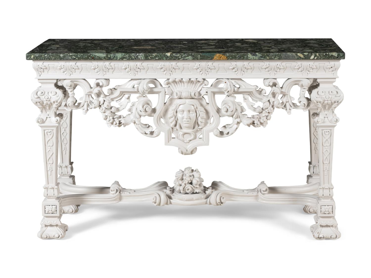 A Louis XIV Style White-Painted Marble-Top Console Table
