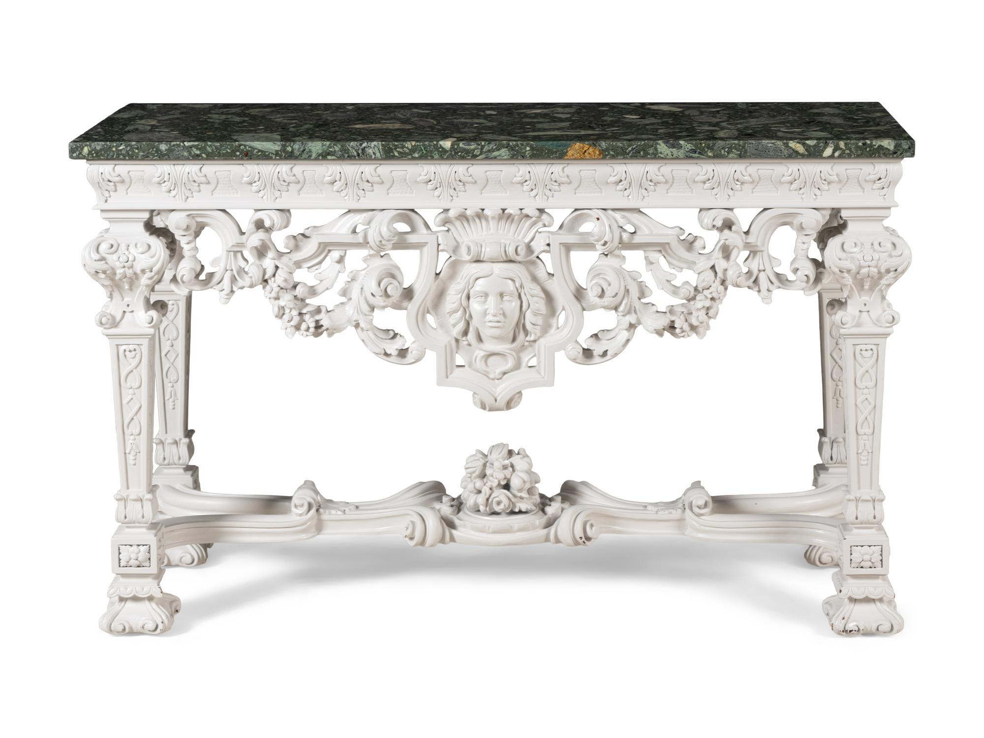 A Louis XIV Style White-Painted Marble-Top Console Table