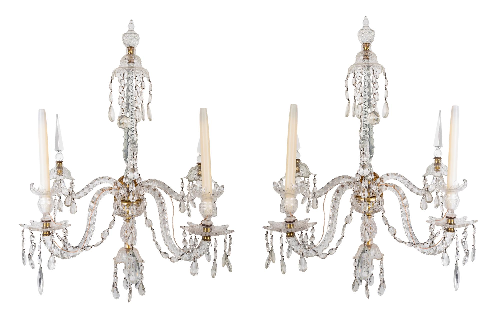 A Pair of Louis XV Style Cased and Faceted Glass Two-Light Sconces — 19TH/20TH CENTURY