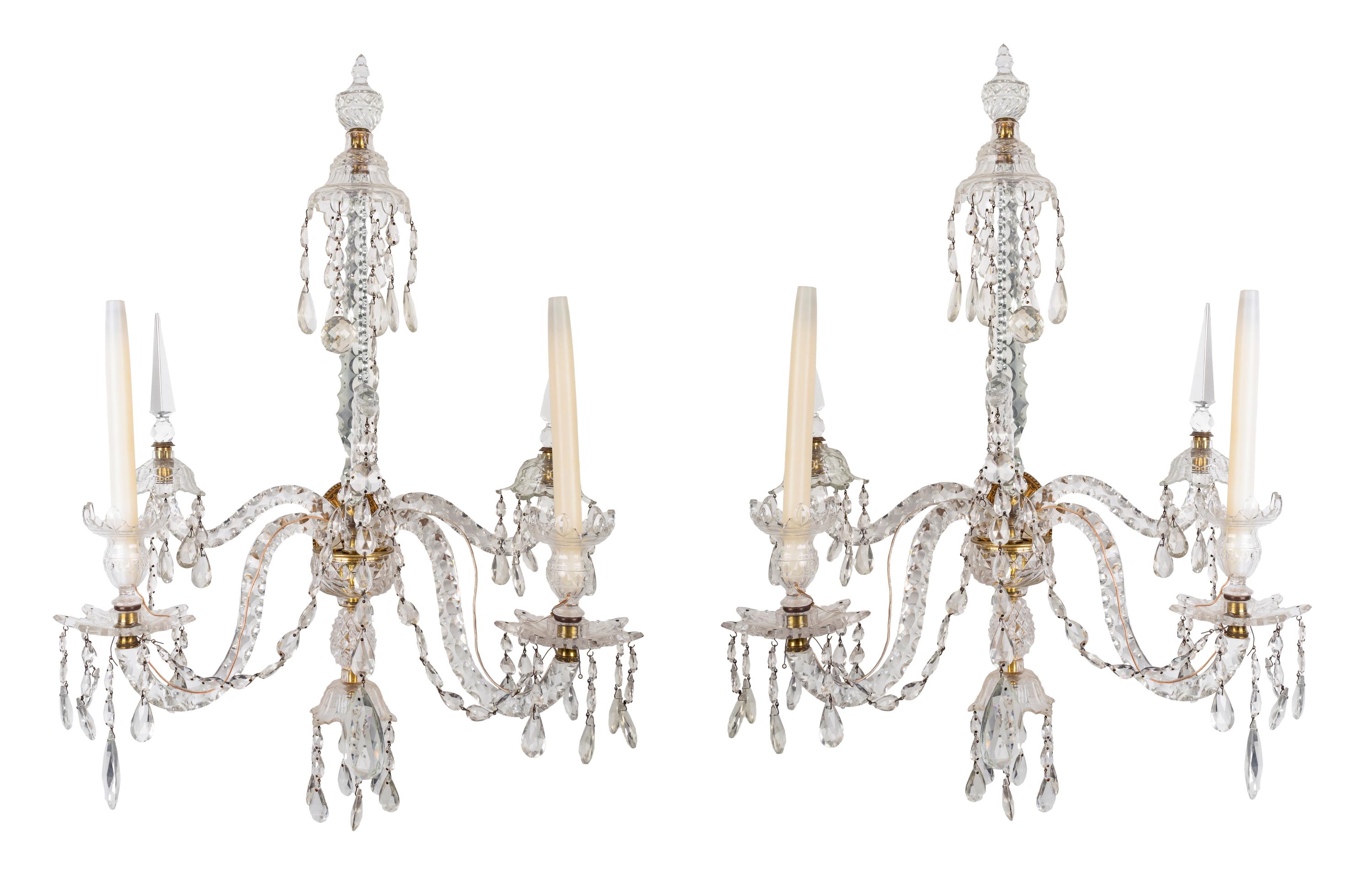 A Pair of Louis XV Style Cased and Faceted Glass Two-Light Sconces — 19TH/20TH CENTURY
