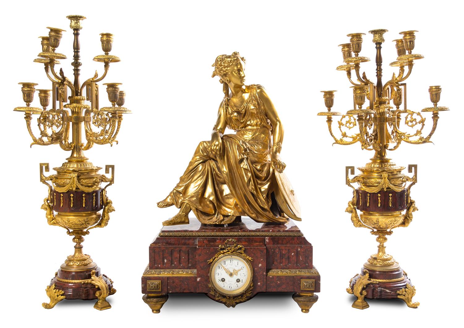 A Large French Gilt Bronze and Marble Clock Garniture Height of candelabra 30 1/2 inches. — 19TH CENTURY