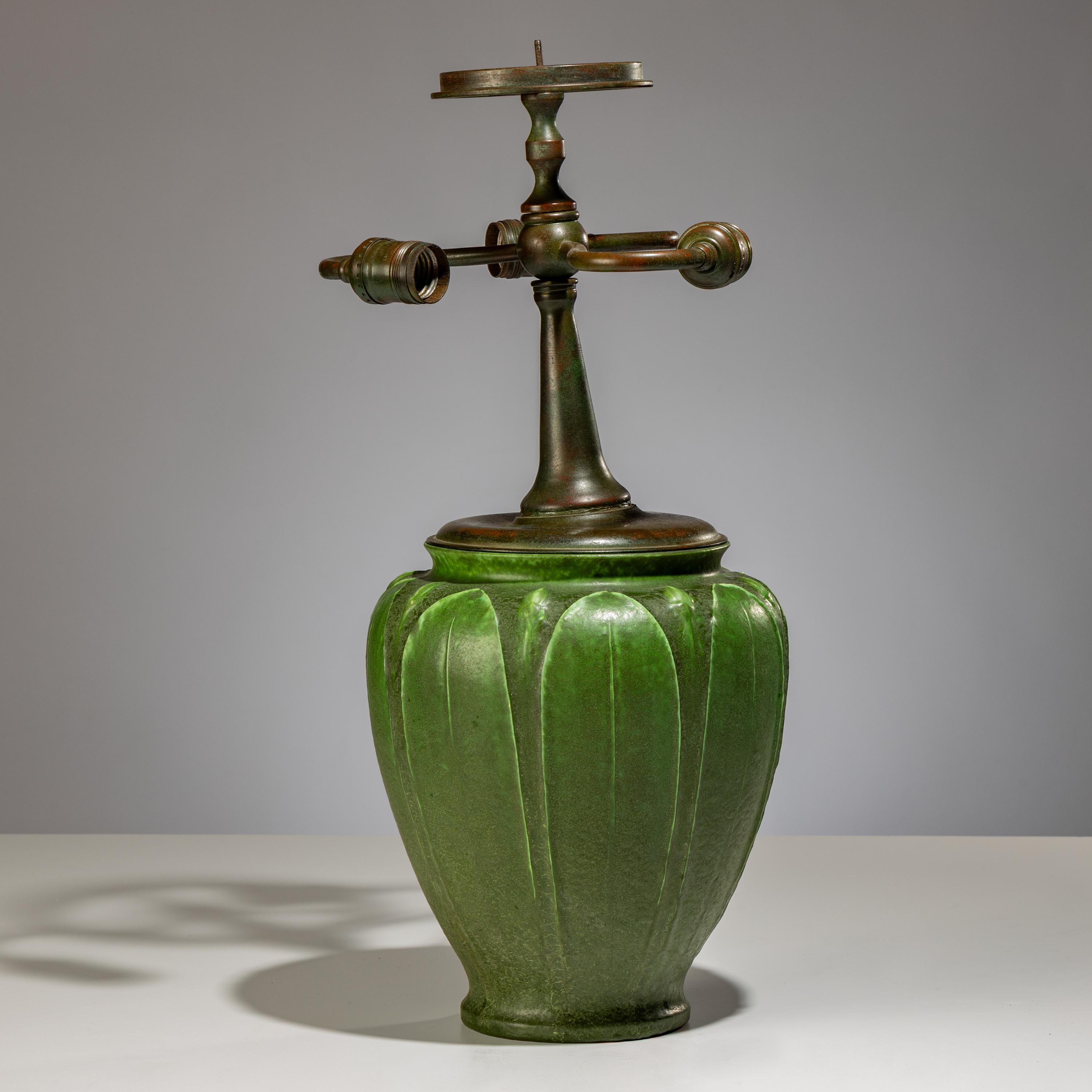 Tiffany Studios New York (American, 1892–1930) — Swirling Daffodil Table Lamp with Grueby Pottery Base
