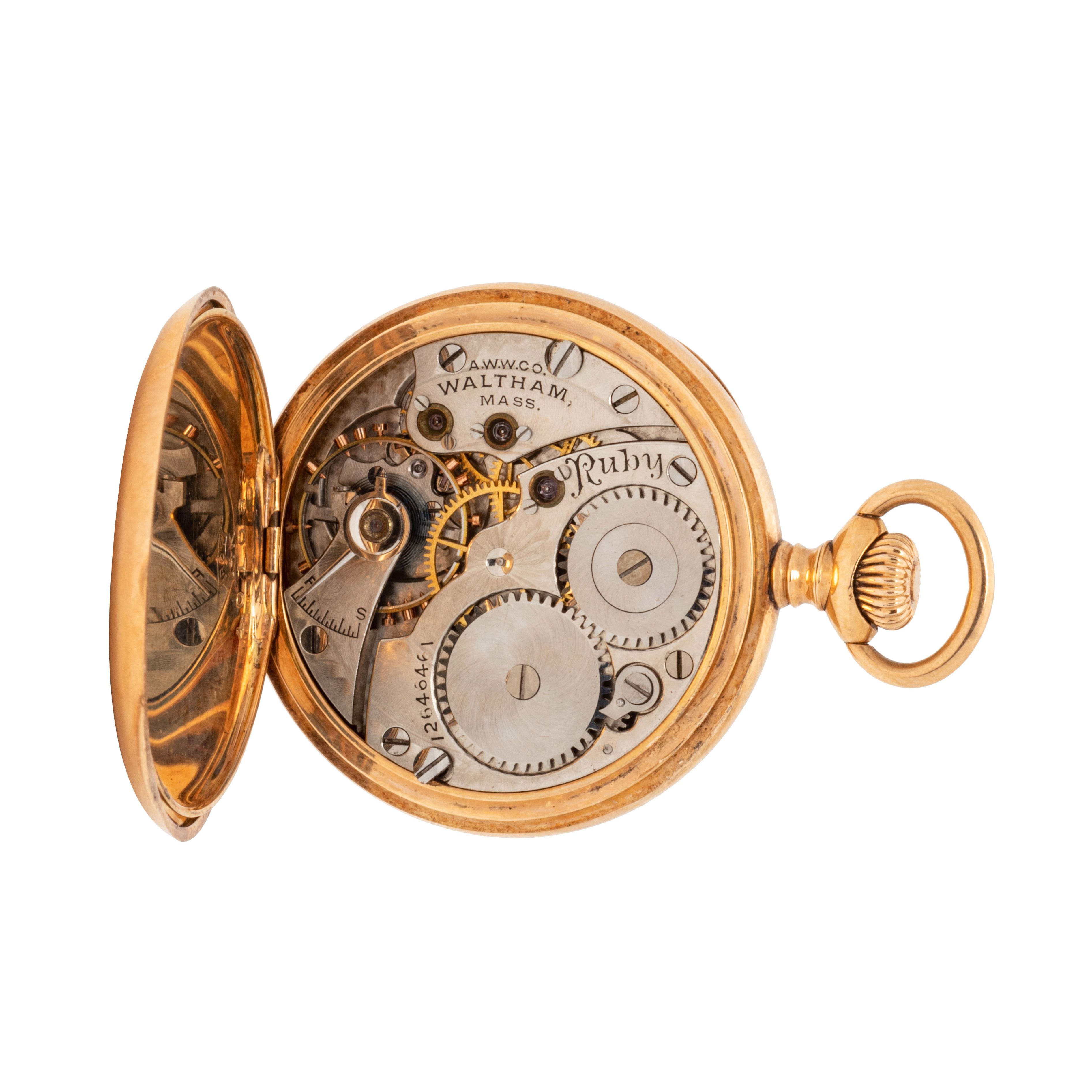 WALTHAM, 14K YELLOW GOLD AND DIAMOND OPEN FACE POCKET WATCH