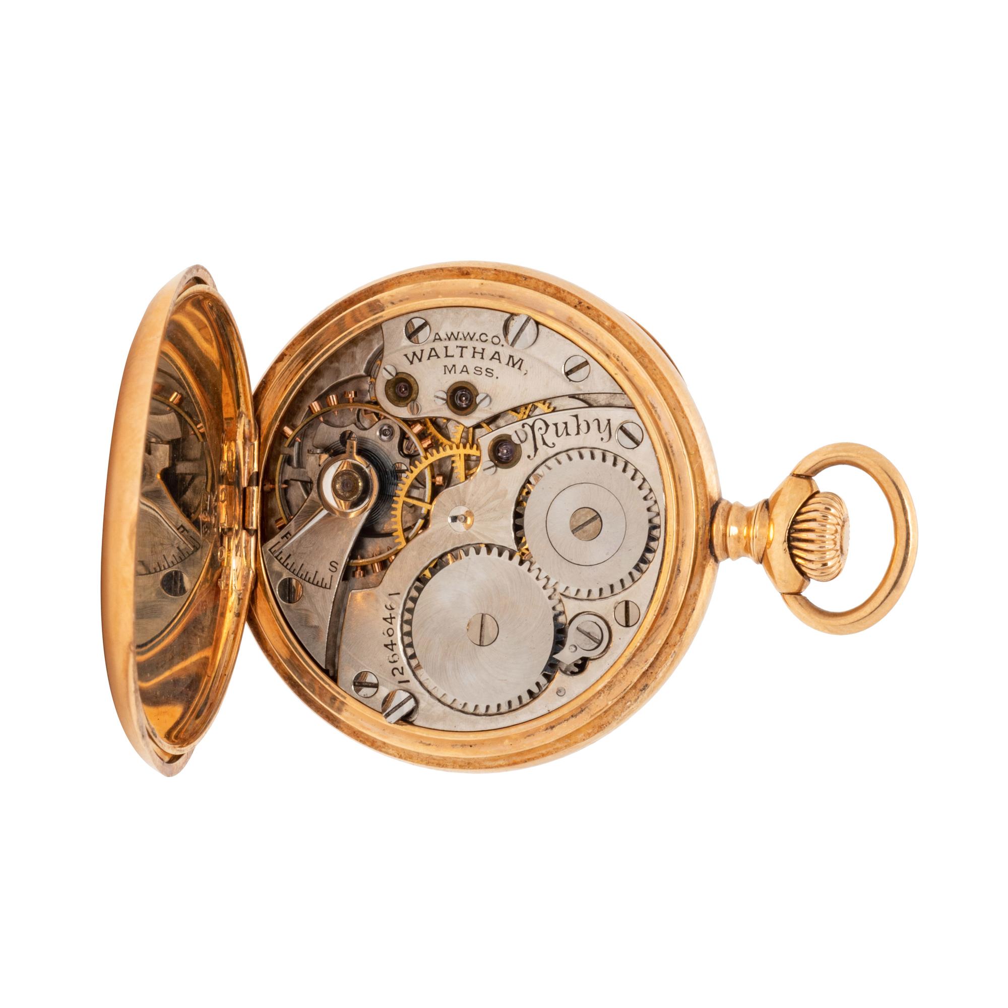 WALTHAM, 14K YELLOW GOLD AND DIAMOND OPEN FACE POCKET WATCH