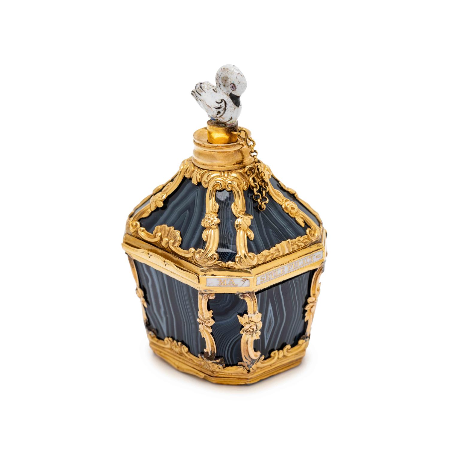 A George III Gold-Mounted Agate and Enameled Scent Bottle, Snuff Box and Patch Box