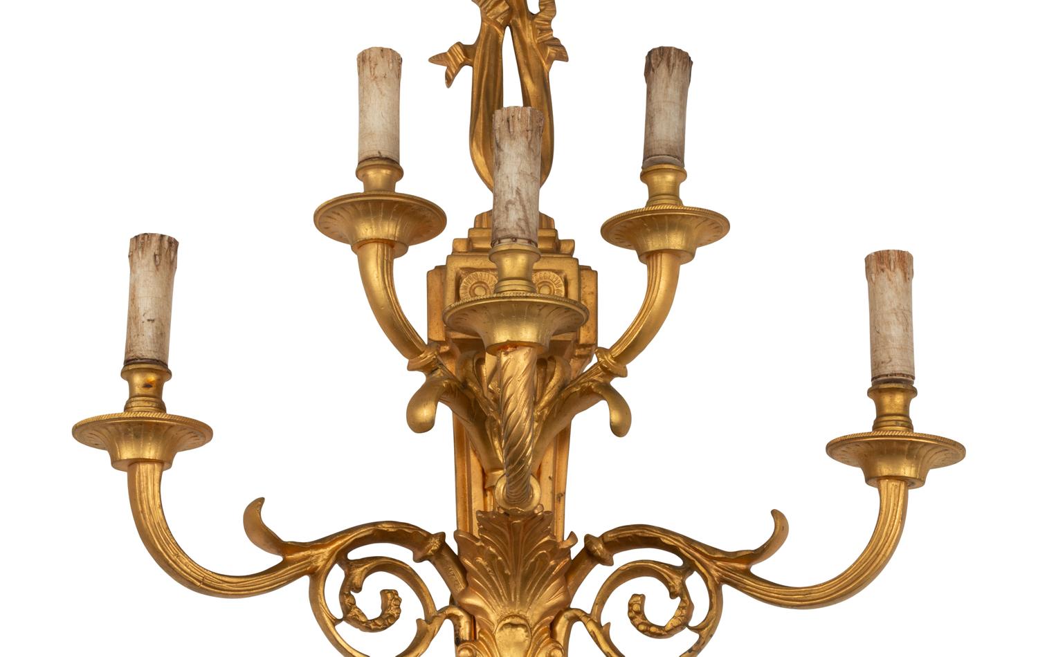A Pair of Louis XV Style Gilt Bronze Five-Light Sconces