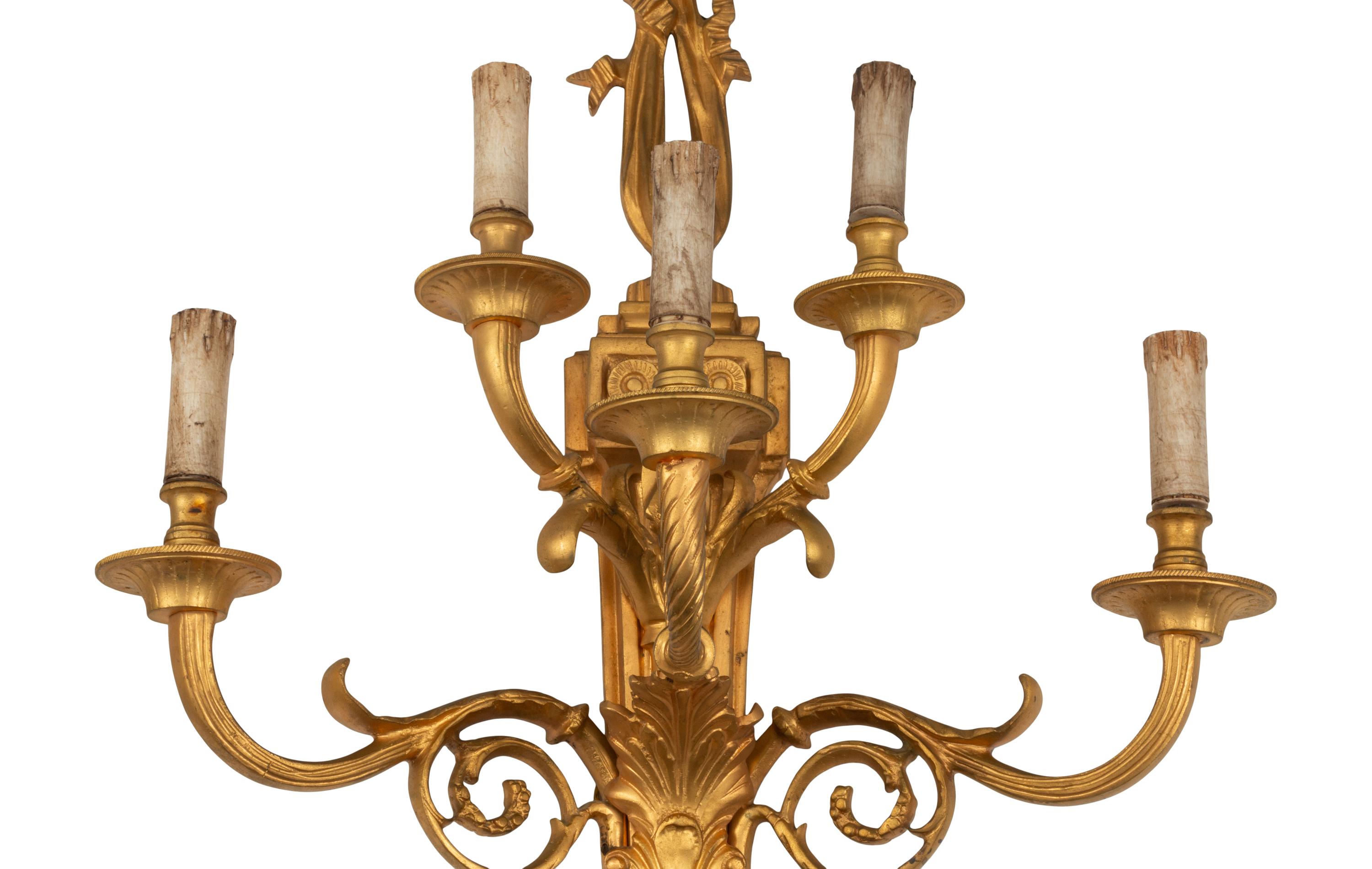 A Pair of Louis XV Style Gilt Bronze Five-Light Sconces