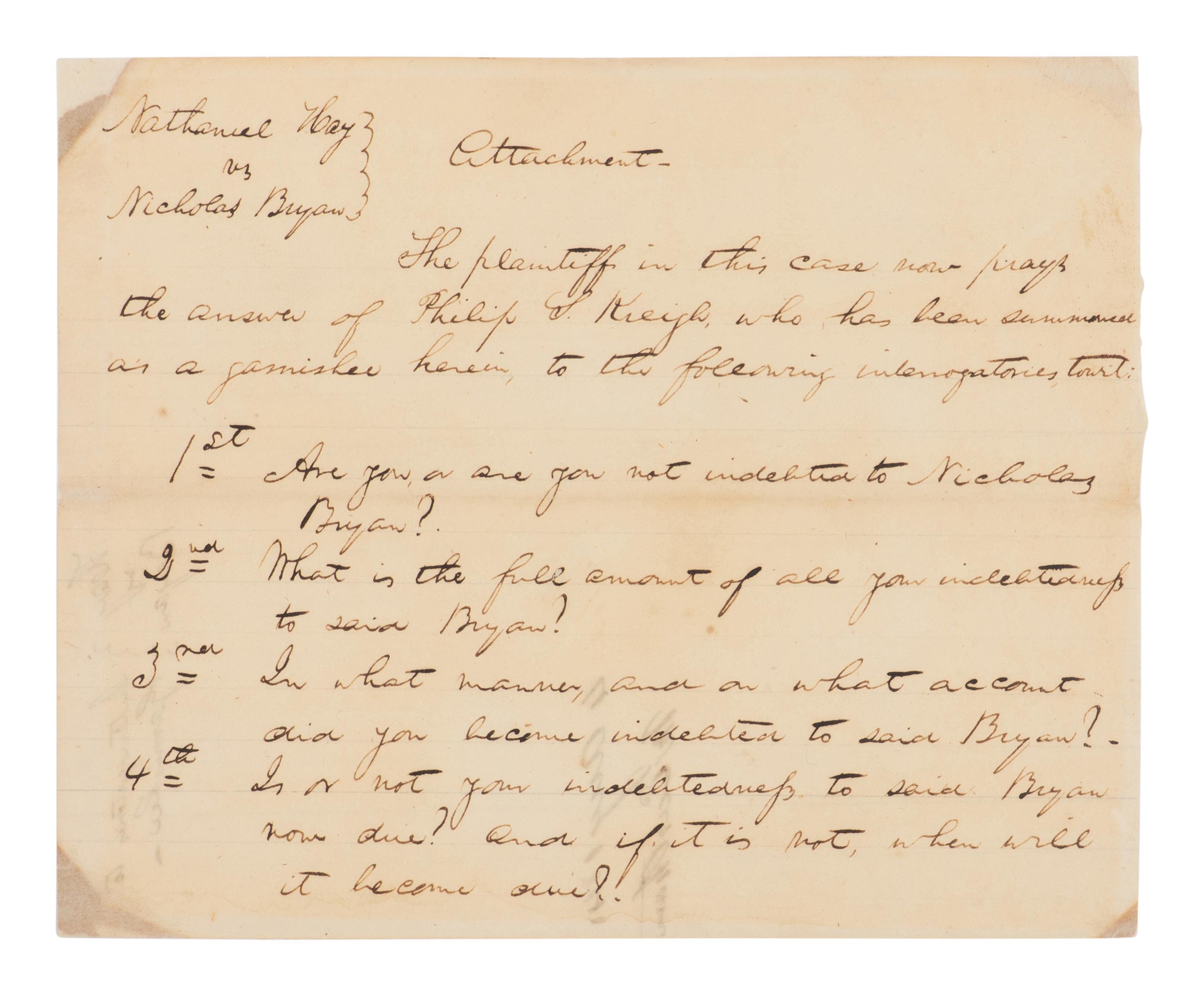 LINCOLN, Abraham (1809-1865). Autograph document, unsigned, [Springfield], 4 August 1841.