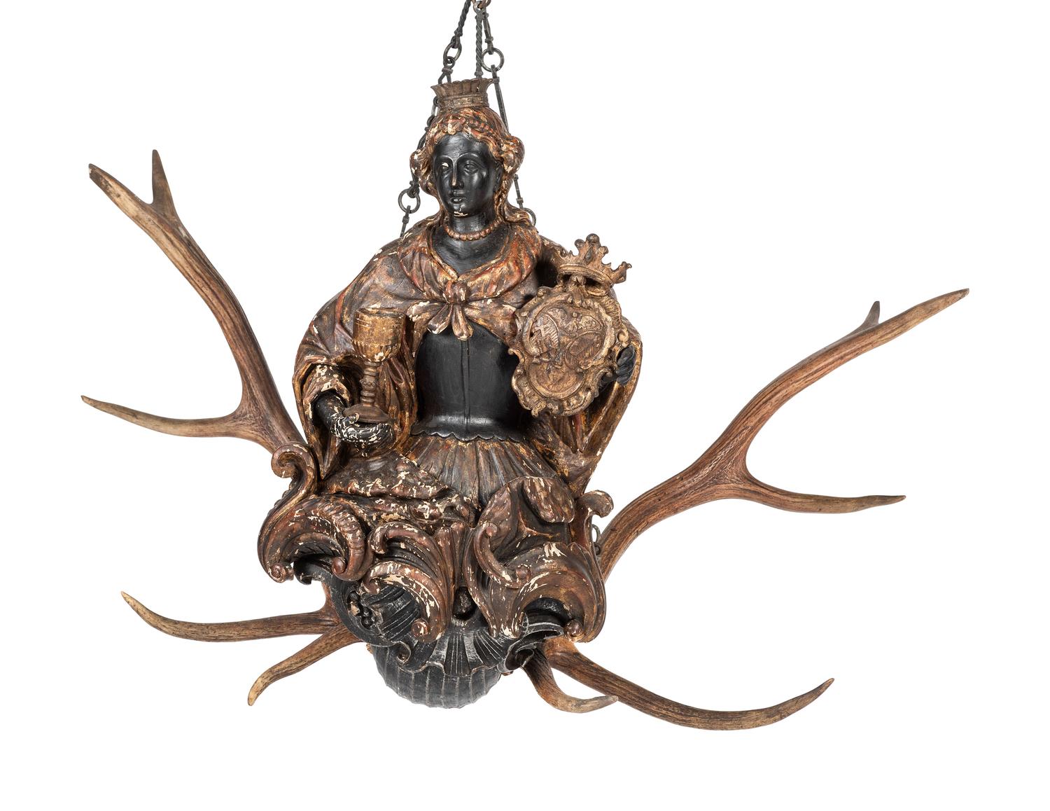 A Pair of Painted Wood and Antler-Mounted Lusterweibchen Chandeliers