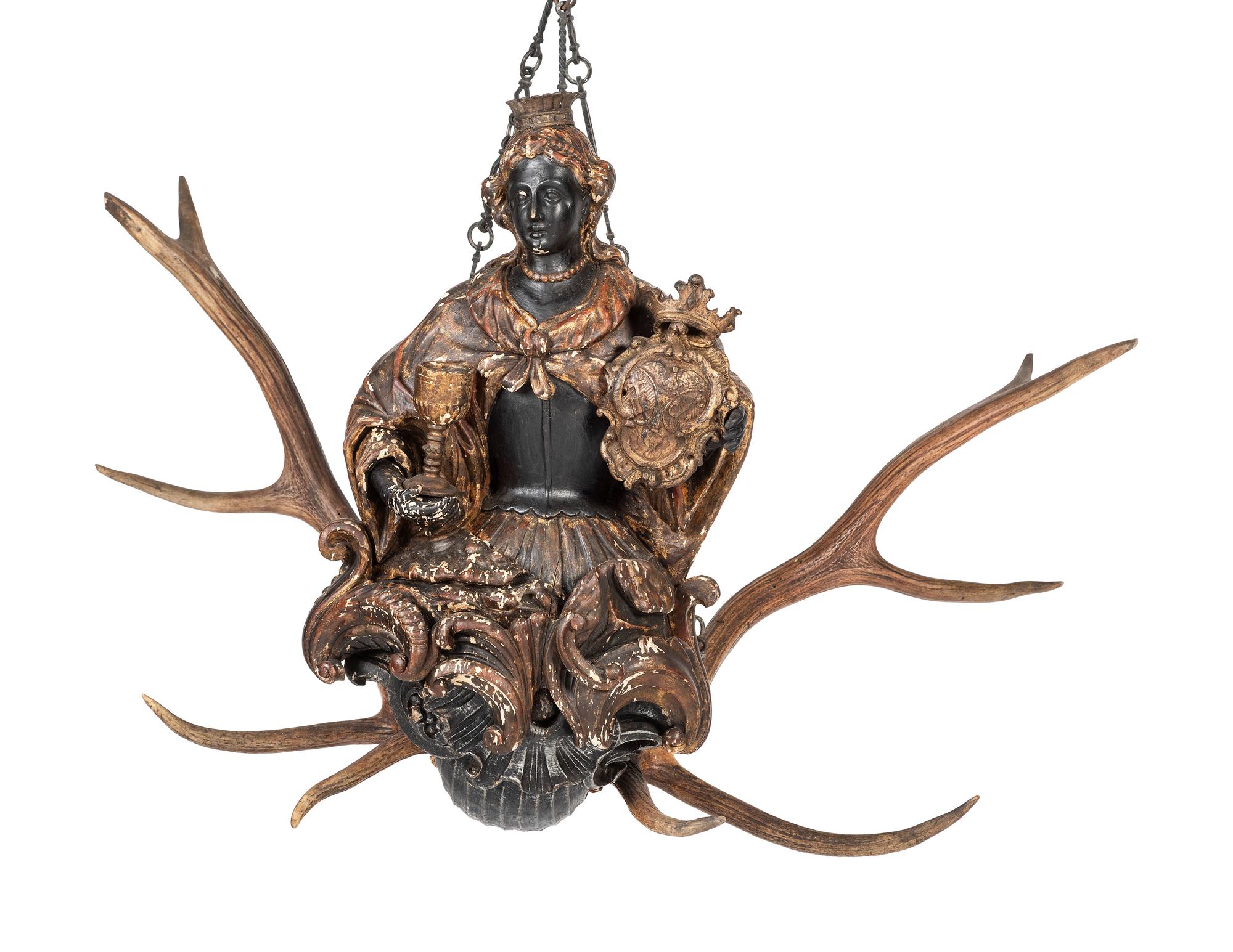 A Pair of Painted Wood and Antler-Mounted Lusterweibchen Chandeliers