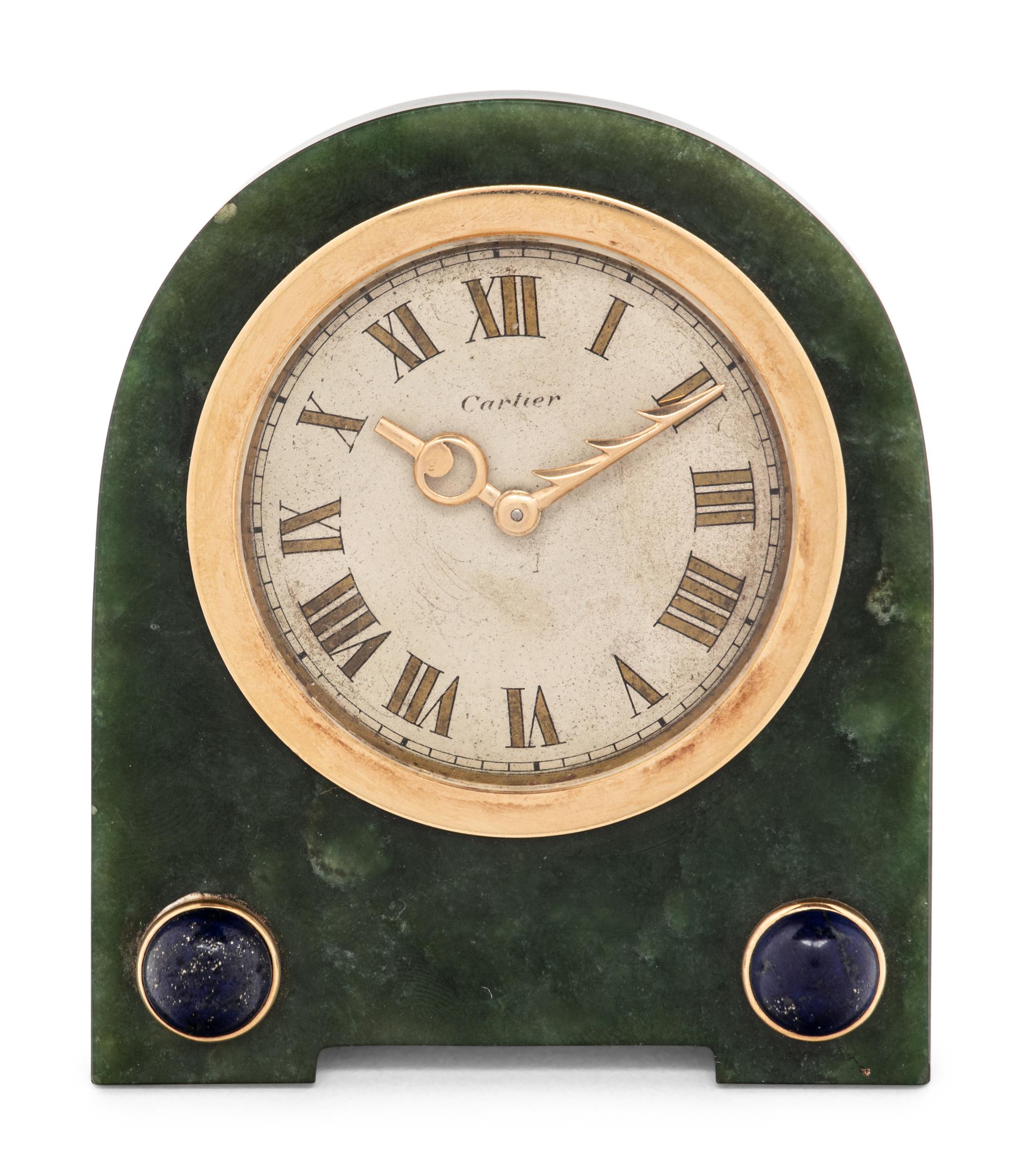 A Cartier Yellow Gold, Lapis Lazuli and Jade-Cased Desk Clock