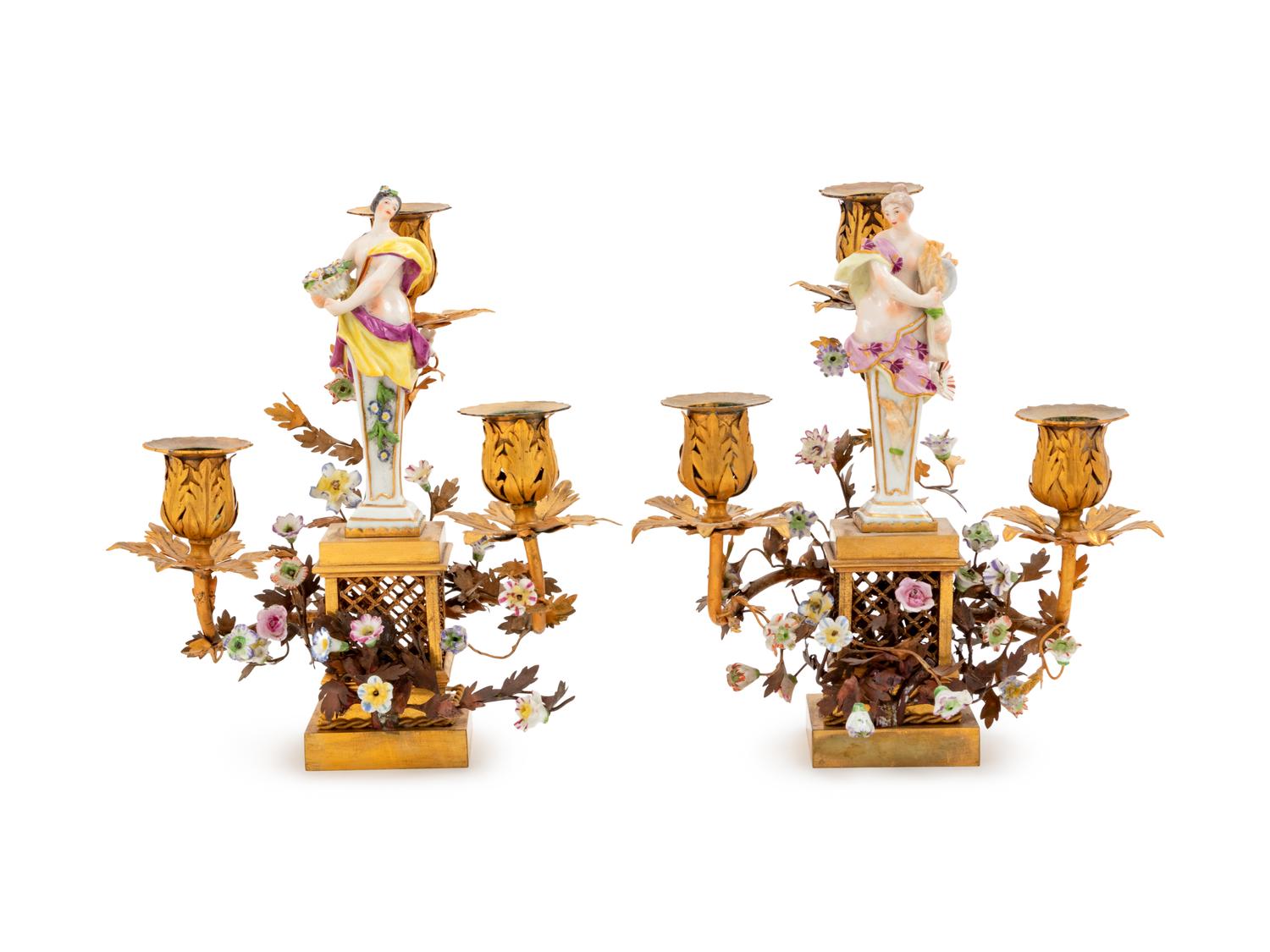 A Pair of German Gilt Metal Mounted Painted Porcelain Three-Light Candelabra
