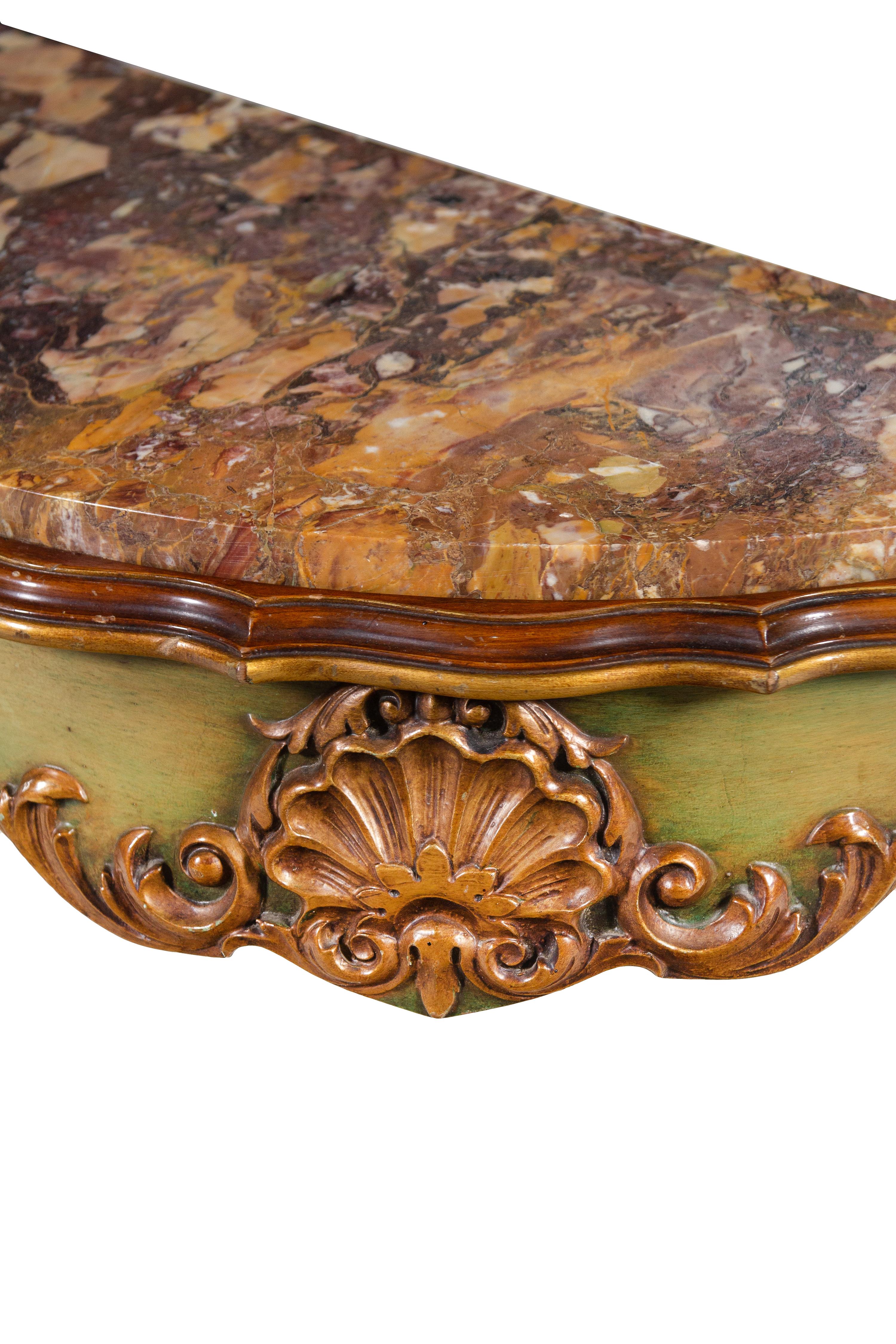 A Louis XV Style Painted and Parcel Gilt Marble-Top Console Table