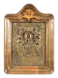 A Russian Pressed Brass Oklad Mounted Icon in Case