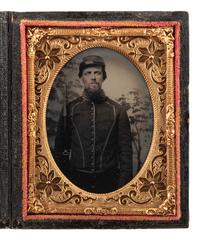 [CIVIL WAR]. Ninth plate tintype portrait of Pvt. William H. Hughes, Union Light Guard Ohio Cavalry. With Post-war cabinet card of Hughes' family.