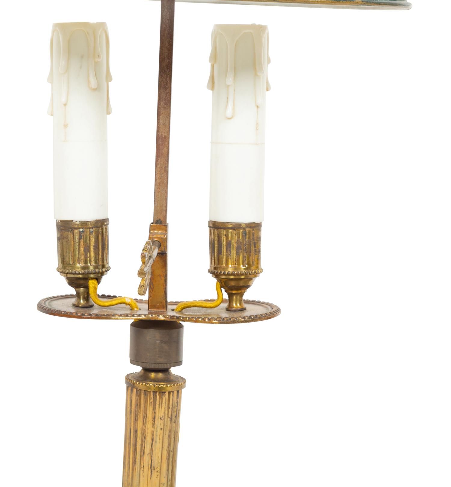 A Pair of French Gilt Metal Bouillotte Lamps with Green Tôle Peinte Shades