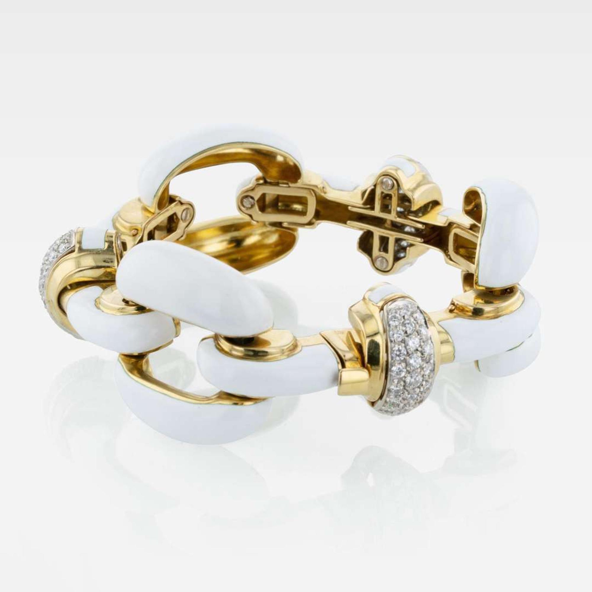 Diamond, Enamel, and 18K Yellow Gold David Webb Link Bracelet