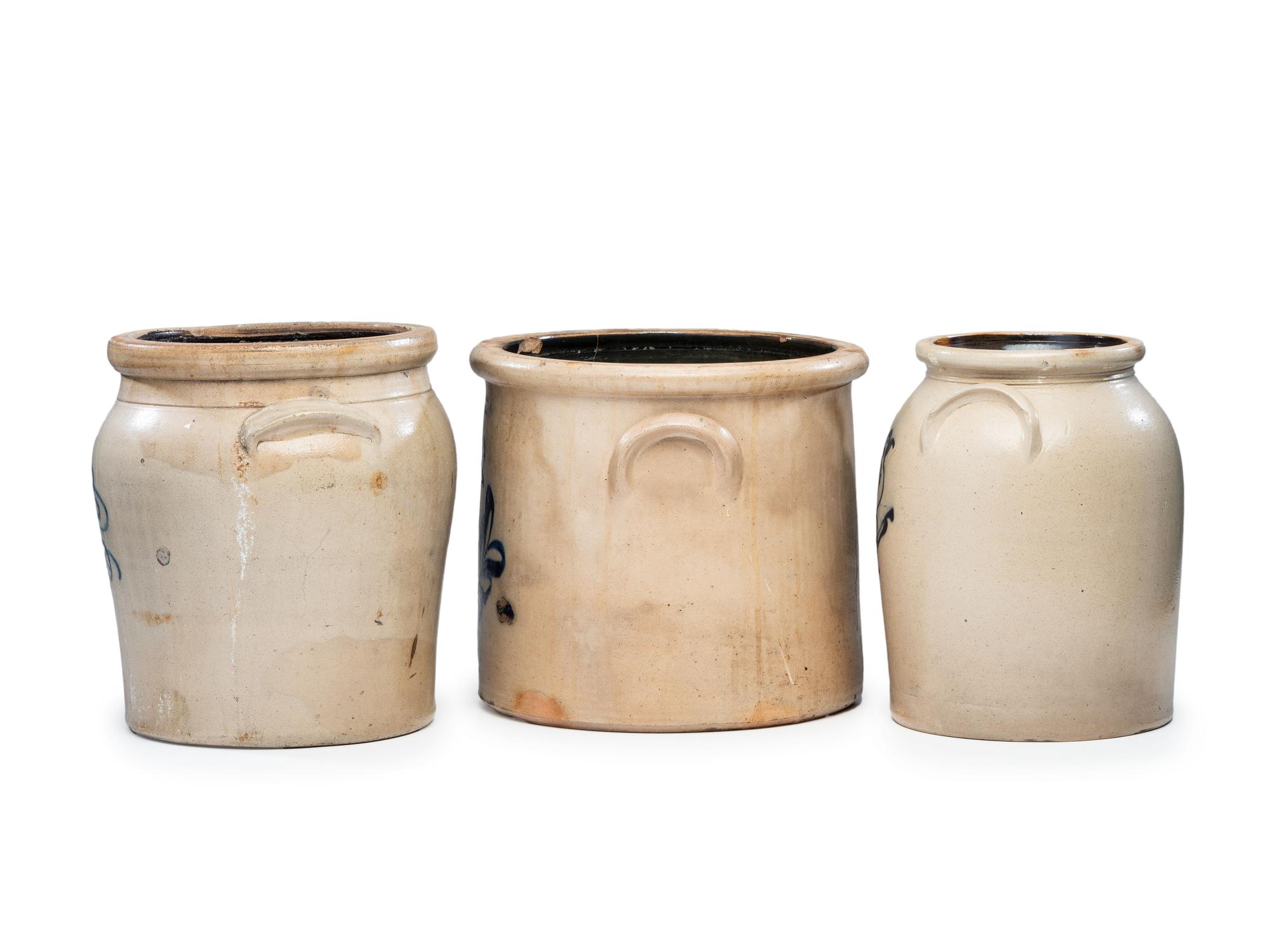 Three Cobalt-Decorated Stoneware Vessels