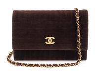 A Chanel Brown Velvet Handbag, 8.5" x 6" x 1".