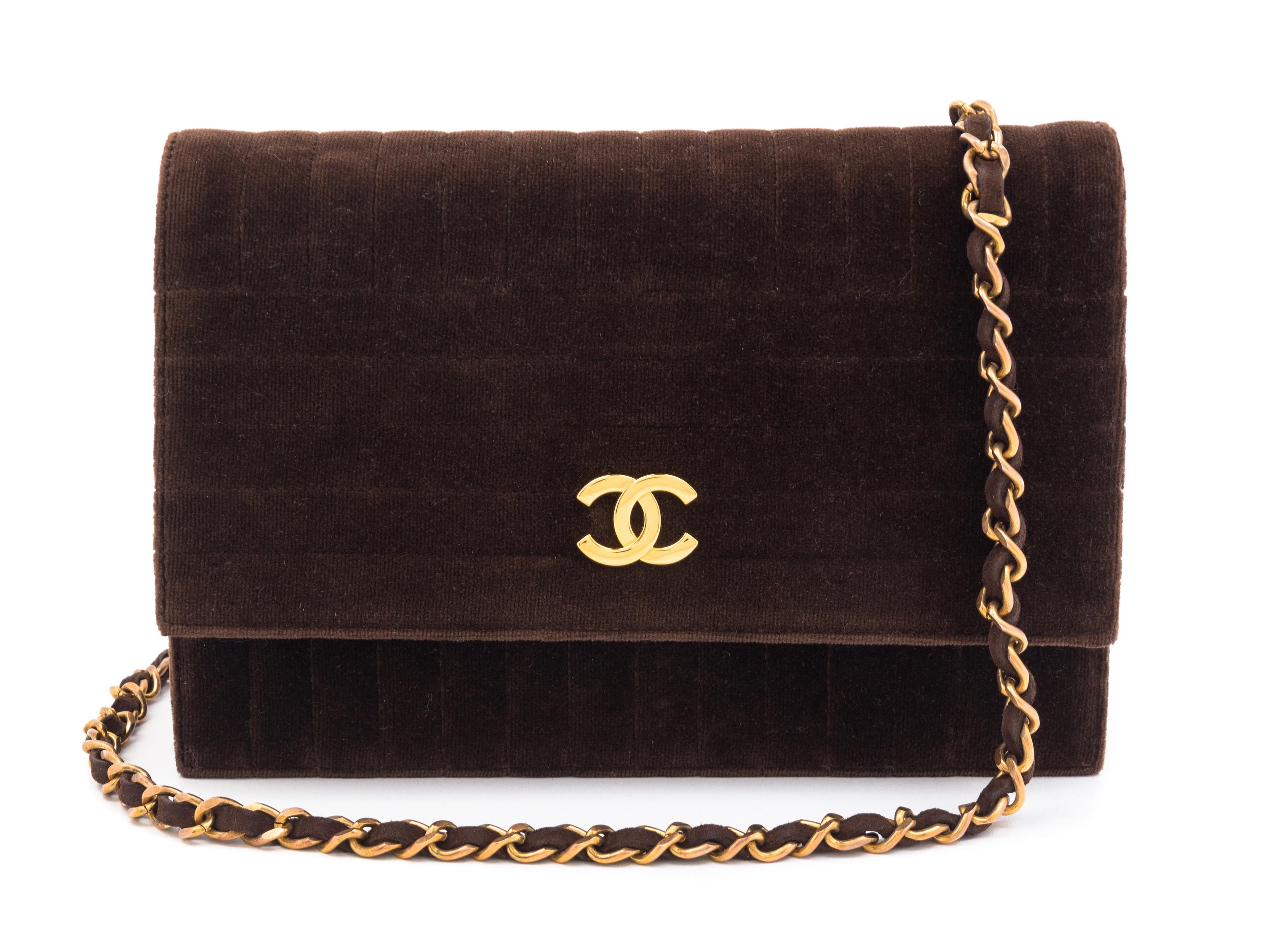 A Chanel Brown Velvet Handbag, 8.5" x 6" x 1".