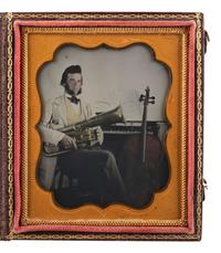 [EARLY PHOTOGRAPHY]. Sixth plate ambrotype featuring an accomplished musician posed with three instruments.