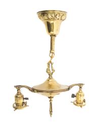 Steuben, EARLY 20TH CENTURY, a pair of Aurene glass shades, with pulled feather decoration, together with a brass two-light fixture