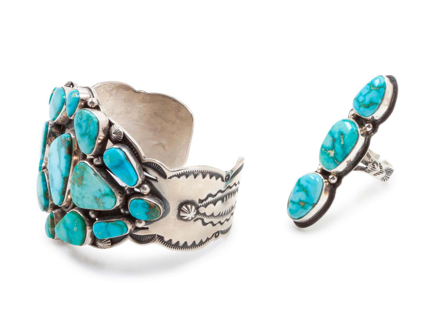 Silver and Turquoise Cuff Bracelet, together with a silver and turquoise ring