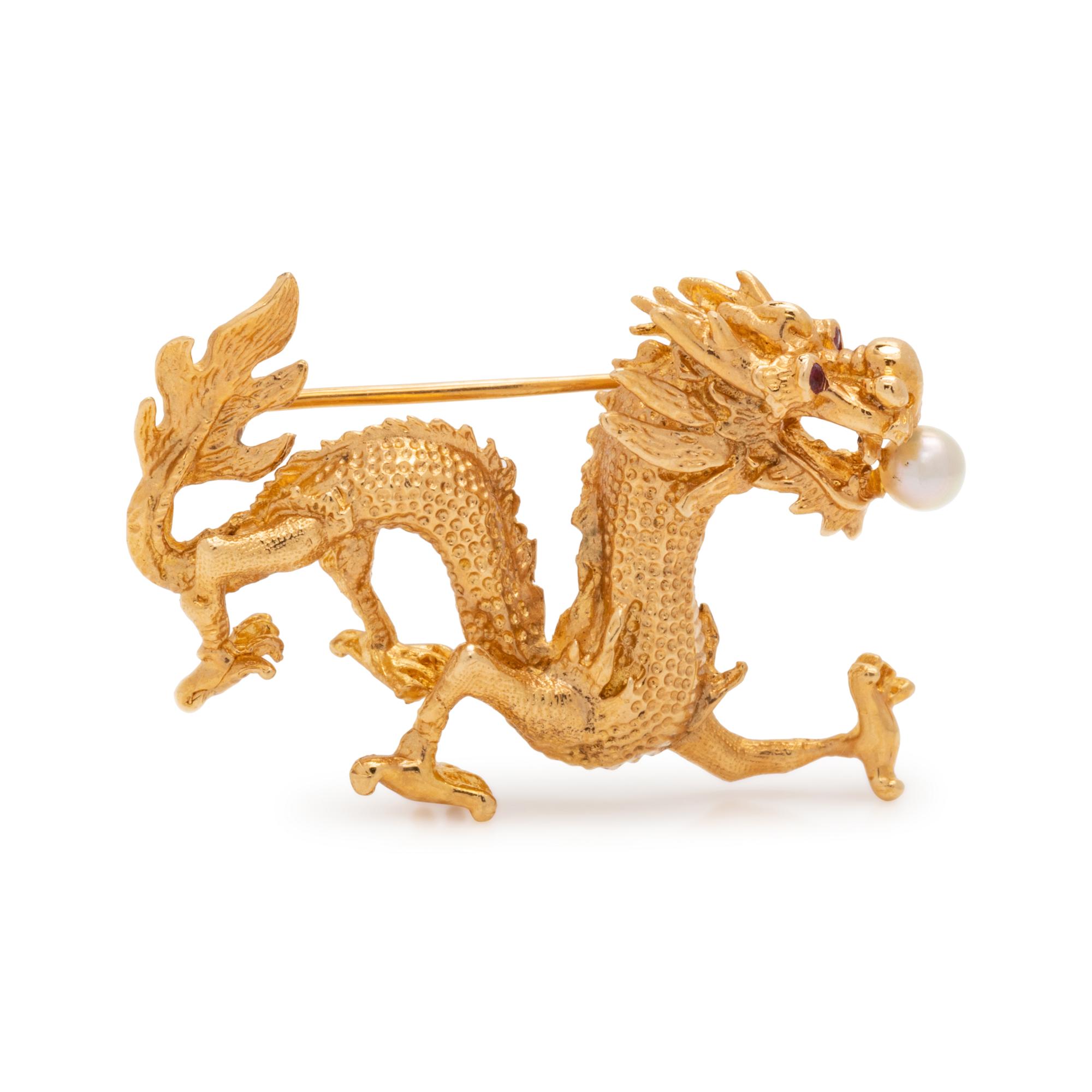YELLOW GOLD AND CULTURED PEARL DRAGON BROOCH