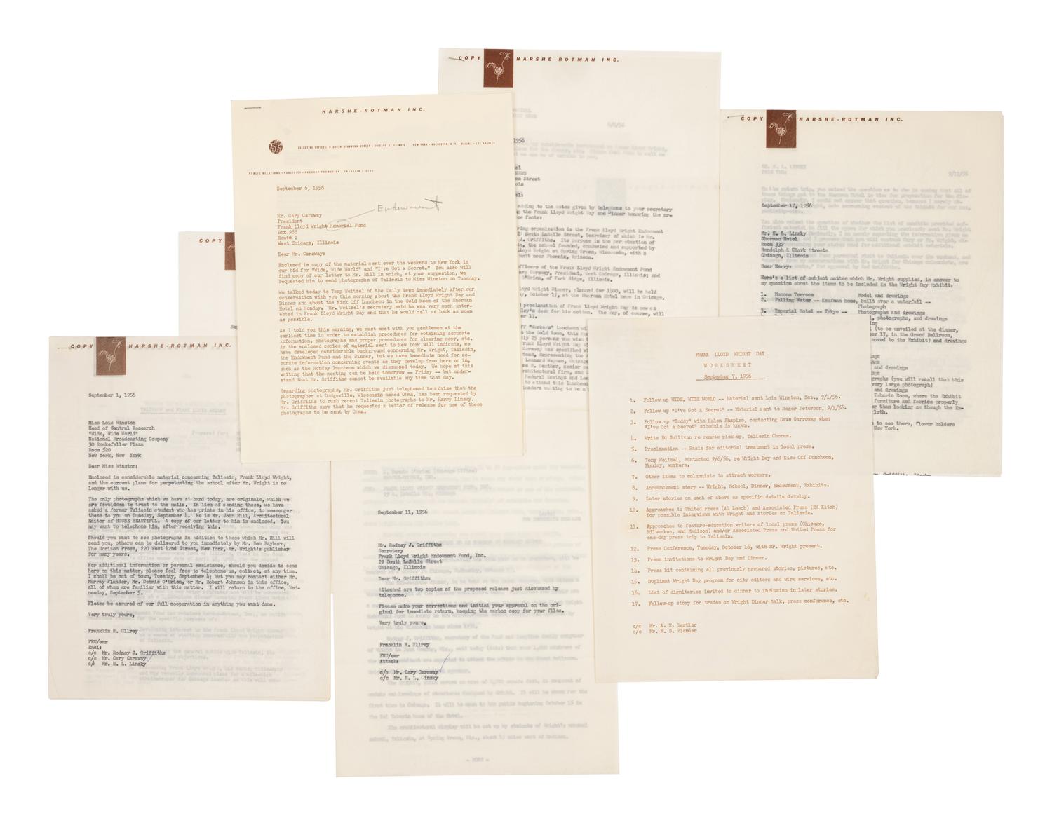 [FRANK LLOYD WRIGHT] -- [ENDOWMENT FUND]. A small archive of correspondence relating to Wright and the Frank Lloyd Wright Endowment fund. Comprising: