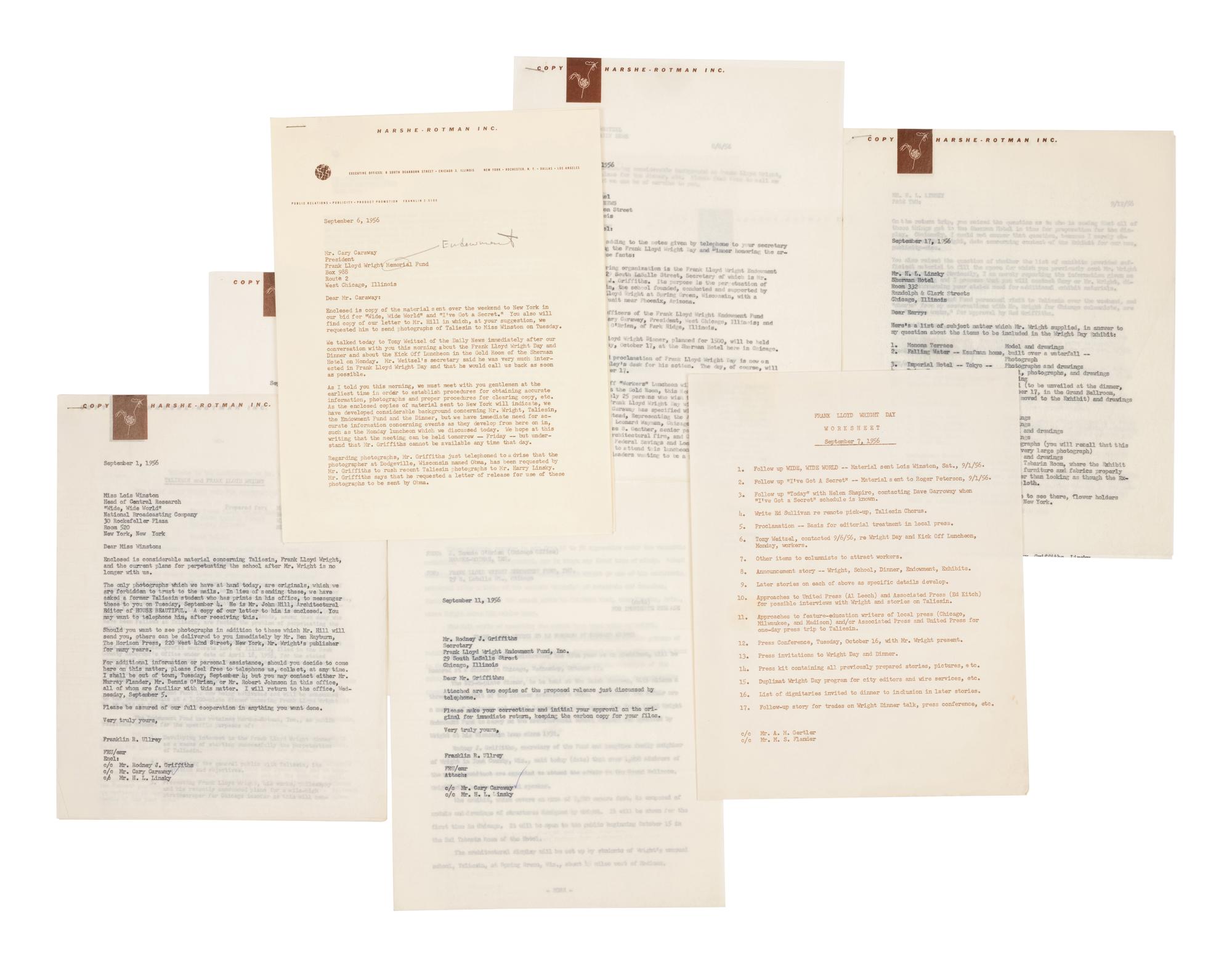 [FRANK LLOYD WRIGHT] -- [ENDOWMENT FUND]. A small archive of correspondence relating to Wright and the Frank Lloyd Wright Endowment fund. Comprising:
