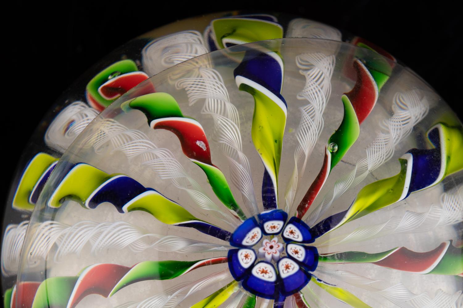A Four-Color Ribbon and Latticino Twist Crown Glass Paperweight