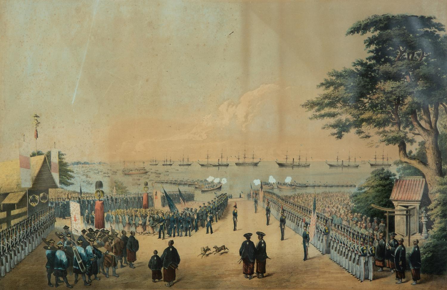 Two Hand-Colored Lithographs Depicting the Travels of Commodore Perry in Japan — 19TH CENTURY